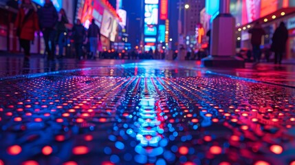 Glowing neon lights reflecting on a polished metal surface, vibrant nightlife atmosphere, abstract background