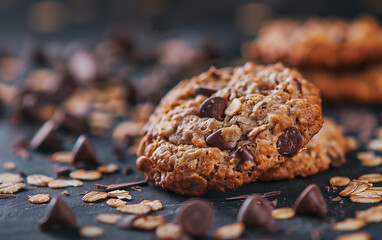 Fototapeta premium close up of oatmeal chocolate chip cookie