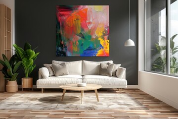 Modern Living Room Interior Design with a Colorful Abstract Painting Displayed on the White Wall. Wooden Furniture, White Sofa, Coffee Table, Window, and Green Plant Decoration