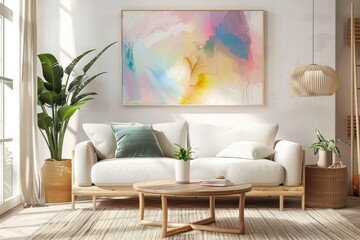 Modern Living Room Interior Design with a Colorful Abstract Painting Displayed on the White Wall. Wooden Furniture, White Sofa, Coffee Table, Window, and Green Plant Decoration