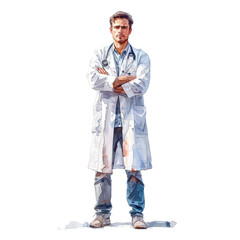 Watercolor illustration of a doctor in a white coat staring at you with folded arms on a white background.