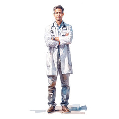 Watercolor illustration of a doctor in a white coat staring at you with folded arms on a white background.