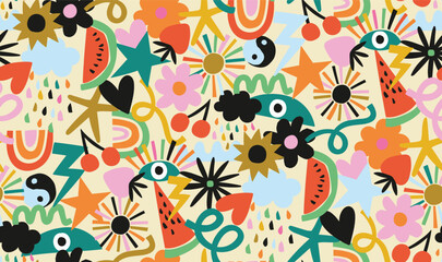 Playful conversational sun hearts rainbow stars watermelon summer tropical seamless repeated pattern textile fabric print vector artwork