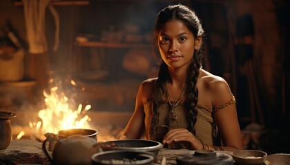 portrait of a mayan woman cooking, prehispanic indoors, pre hispanic culture, inca native indian from ancient Americas
