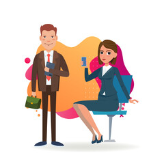 Businessman and female office assistant. Business cartoon characters in formal wear with briefcase and smartphone. Vector illustration. Business, occupation, technology concept for banner, web design