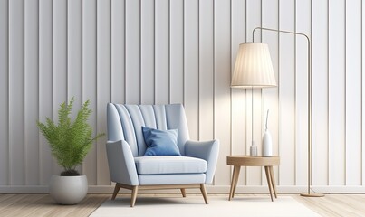 Modern Living Room with White Wall Paneling, Blue Chair, and Lamp, Scandinavian Interior Design Mockup for Presentation Background