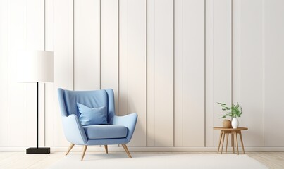 Modern Living Room with White Wall Paneling, Blue Chair, and Lamp, Scandinavian Interior Design Mockup for Presentation Background