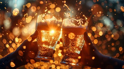 An artistic photo manipulation showing friends clinking beer glasses, with the splashes forming symbolic shapes like hearts or stars