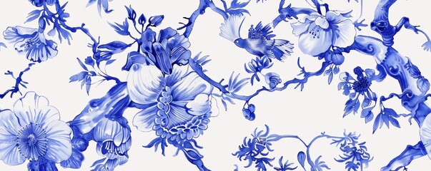 Watercolor Seamless pattern with blue and white