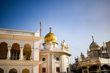View of details of architecture inside Golden Temple - Harmandir Sahib in Amritsar, Punjab, India, Famous indian sikh landmark, Golden Temple, the main sanctuary of Sikhs in Amritsar, India