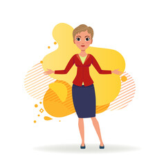 Confident woman with open hands. Female cartoon character in formal wear and with short haircut vector illustration. Business, welcoming, partnership concept for banner, website design, landing page