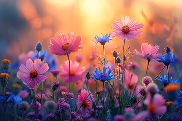 Pink flowers in the field, blooming cosmos flowers, beautiful flower background, soft focus, blurred. Created with Ai