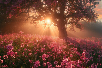A field of pink cosmos flowers in full bloom, bathed in the soft glow of sunlight, creating an enchanting and dreamy atmosphere. Created with Ai