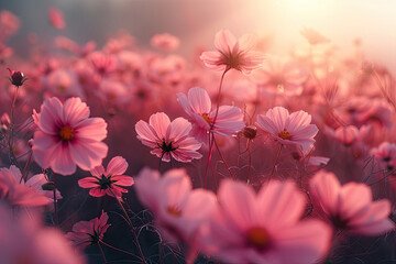 Pink flowers in the field, with a blurry background of sun rays and blooming cosmos. Created with Ai