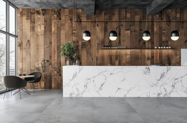 3D rendering of a white marble kitchen with a wood wall and grey floor