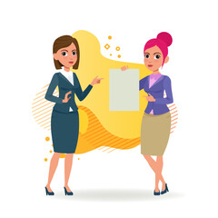 Female colleagues with blank document. Business characters in formal wear pointing at sheet of paper. Flat vector illustration. Business, advertising, agreement concept for website or landing design