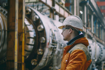 engineer is inspecting work in a factory and wearing a safety helmet