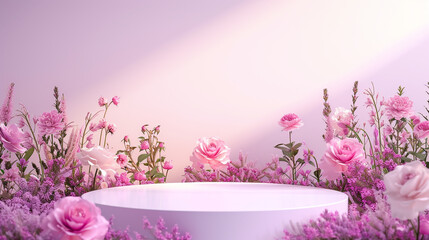 Pink podium with pink flowers for product presentation, cosmetic background