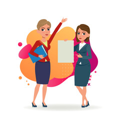 Female office employees with blank document. Cartoon characters in formal wear pointing at sheet of paper. Vector illustration. Business, advertising, agreement concept for website or landing design