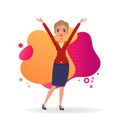 Female office worker with short haircut raising hands up. Business cartoon character in formal suit celebrating success. Vector illustration. Business, success, leadership concept for website design