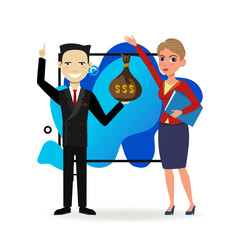 International business investors. Japanese businessman with sack of money, Caucasian woman in formal wear with folder. Vector illustration. Success, business, finance concept for banner, web design