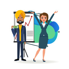 International business investors giving presentation. Business man and woman in formal wear with money and raised hands. Vector illustration. Success, business, finance concept for banner, web design
