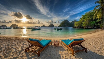 Beach vacation background with tropical island landscape and wooden lounge chairs