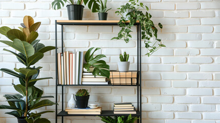 Shelf unit with books and houseplants near light brick