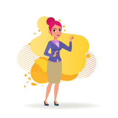 Office employee in formal suit pointing at copyspace. Full body of female cartoon character with pink hair vector illustration. Business, advertising concept for banner, website design or landing page