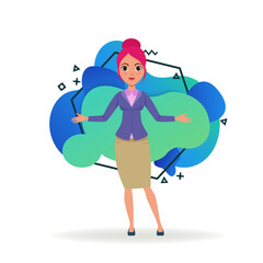 Office employee with open hands. Female cartoon character in formal wear and with pink hair flat vector illustration. Business, welcoming, partnership concept for banner, website design, landing page