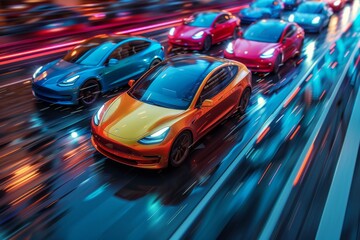 Fototapeta premium Vibrant colored electric cars speeding across a minimalist stage of abstract random colors patterns, emphasizing the theme of sustainable mobility with a sense of dynamic energy.