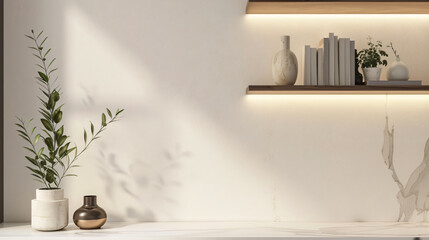 Shelf units with stylish decor near light wall