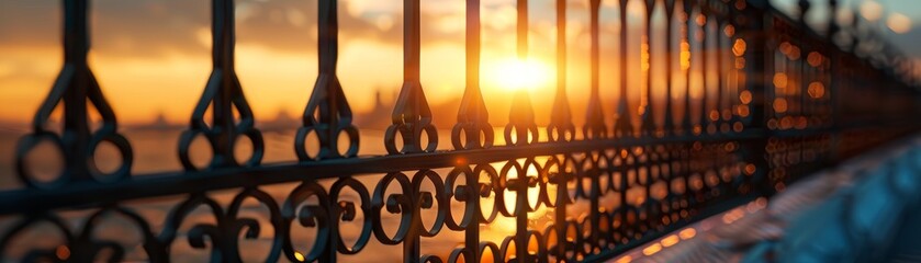 Intricate metal fence silhouetted by the setting sun enhances the tranquil residential ambiance