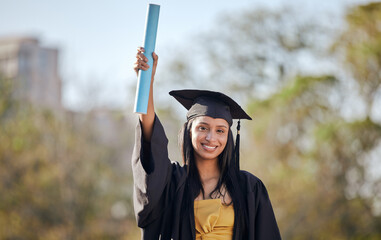 Graduation, happy and portrait of woman with scroll on university campus for education achievement....
