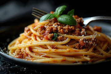 Photo of Spaghetti Bolognese on black plate. Created with Ai