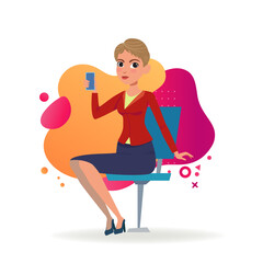 Office manager using mobile phone. Female character in formal suit sitting in chair and talking on smartphone. Vector illustration. Business, communication, technology concept for website design