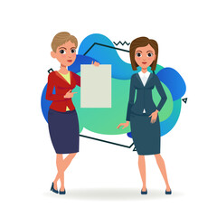 Serious business partners with blank document. Female cartoon characters in formal wear pointing at sheet of paper. Vector illustration. Partnership, advertising, contract concept for website design