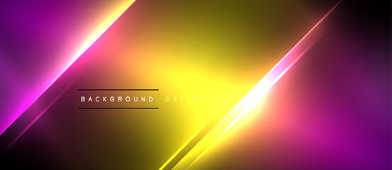 Amber, orange, and magenta neon lines create a stunning visual effect on a dark background. Automotive lighting technology paired with lens flare and entertainment font adds to the vibrant display