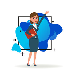 Serious businesswoman pointing upwards with hand. Female business character in formal wear with folder. Flat vector illustration. Business, advertising concept for banner, website design, landing page