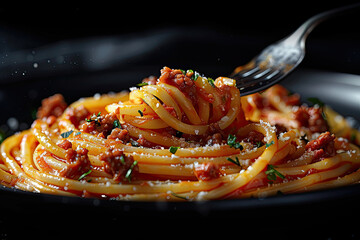 Photo of Bolognese pasta on a black plate, with a fork holding spaghetti and bolognese sauce. Created with Ai