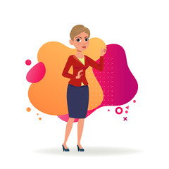 Serious woman in formal suit pointing at copyspace. Full body of female cartoon character with short haircut vector illustration. Business, advertising concept for banner, website design, landing page