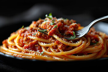 Photo of Bolognese sauce on spaghetti. Created with Ai
