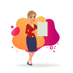 Serious woman with short haircut holding blank document. Female character in formal wear pointing at sheet of paper. Vector illustration. Business, advertising concept for website design, landing page