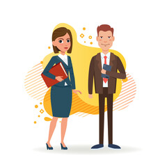 Two business partners in formal wear. Female and male cartoon characters with folder and dairy. Flat vector illustration. Business, office work, paperwork concept for banner, web design, landing page