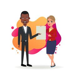 Two business partners with blank document. African American man and Caucasian woman in formal wear. Flat vector illustration. Agreement, advertising, paperwork concept for web design, landing page