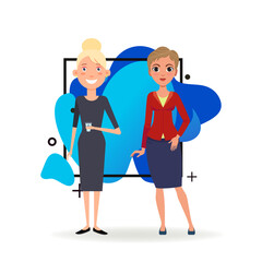 Two businesswomen having coffee break. Female cartoon characters in formal wear with coffee cup. Flat vector illustration. Communication, break, conversation concept for banner, web design, landing