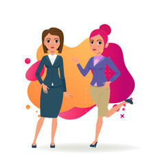 Two businesswomen in formal wear. Female cartoon characters hurry to work in office. Flat vector illustration. Occupation, office, colleagues concept for banner, website design or landing page