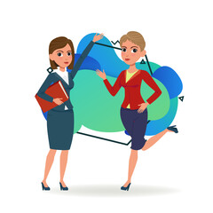 Two female office employees busy in office. Business characters with folder with documents and in hurry. Flat vector illustration. Work, office, colleagues concept for website design or landing page