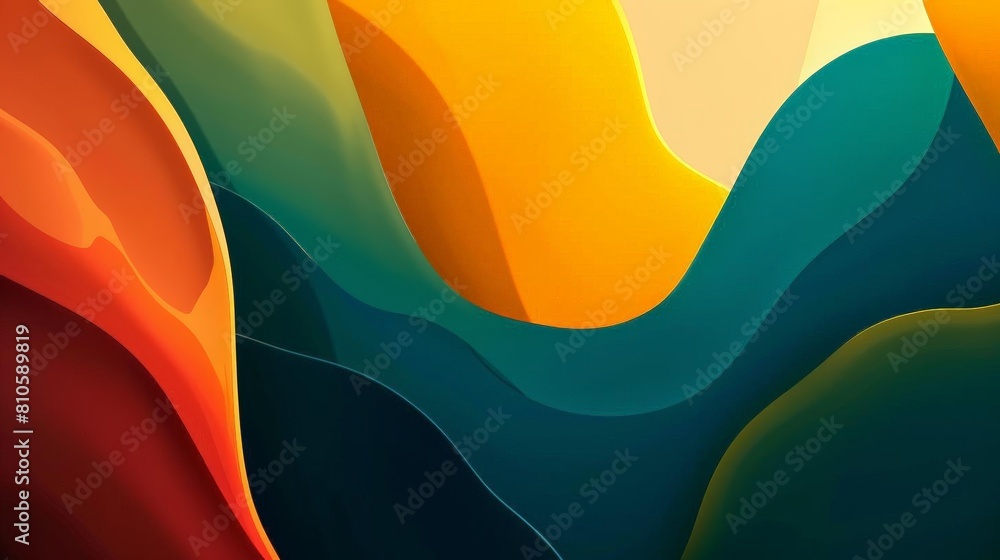Poster abstract composition with fluid shapes and gradient colors, featuring a circular object, a square ob