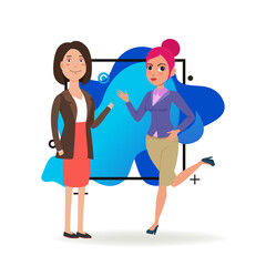 Two female office workers hurry in office. Business cartoon characters in formal wear. Flat vector illustration. Occupation, office, colleagues concept for banner, website design or landing page